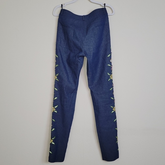 2002 Christian Dior VTG Blue Metallic Denim Pants w/Floral Embellishments - sz 8 - Picture 3 of 14